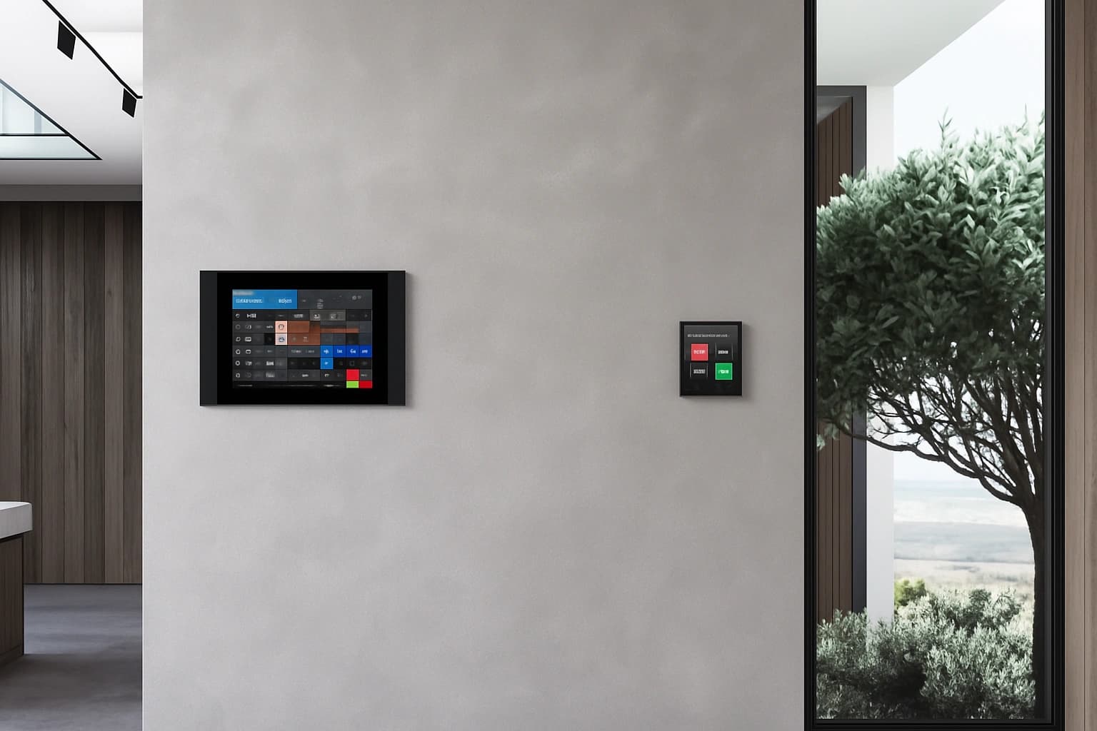 Luxurious smart home living room with automated lighting and city view.