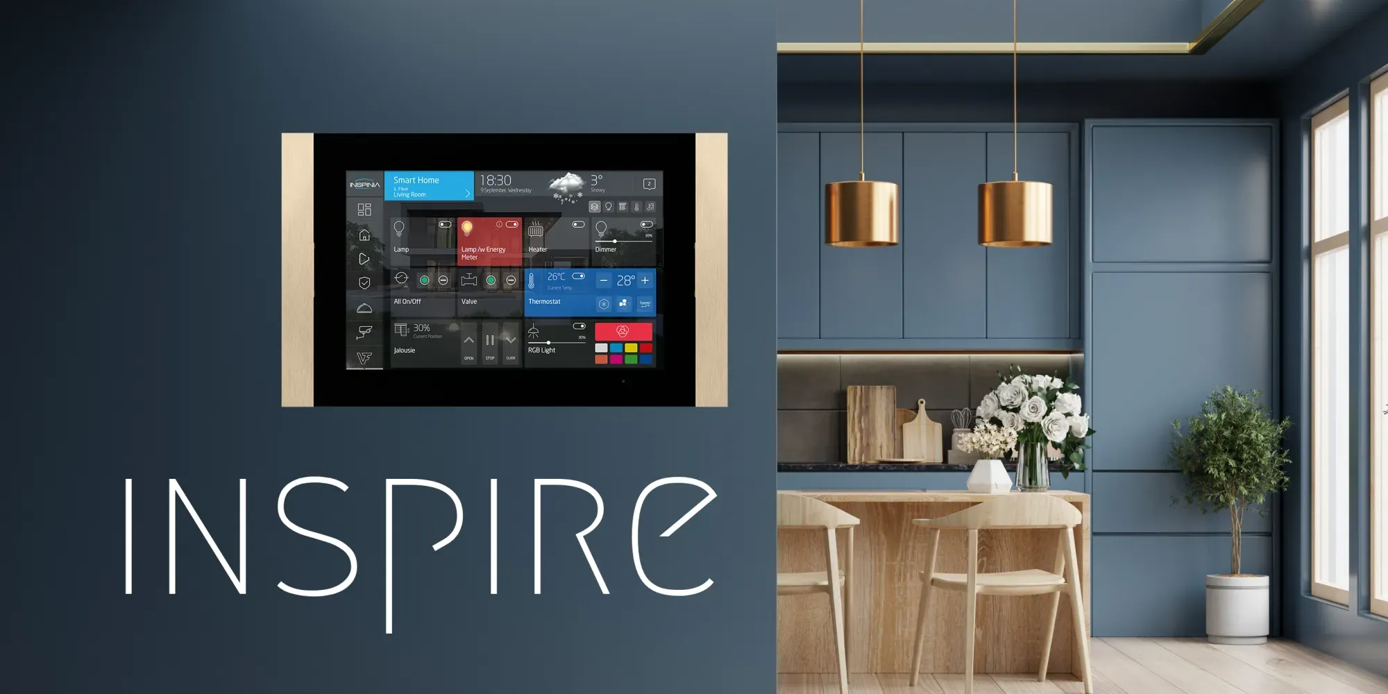 Modern kitchen with integrated smart home technology and sleek design.